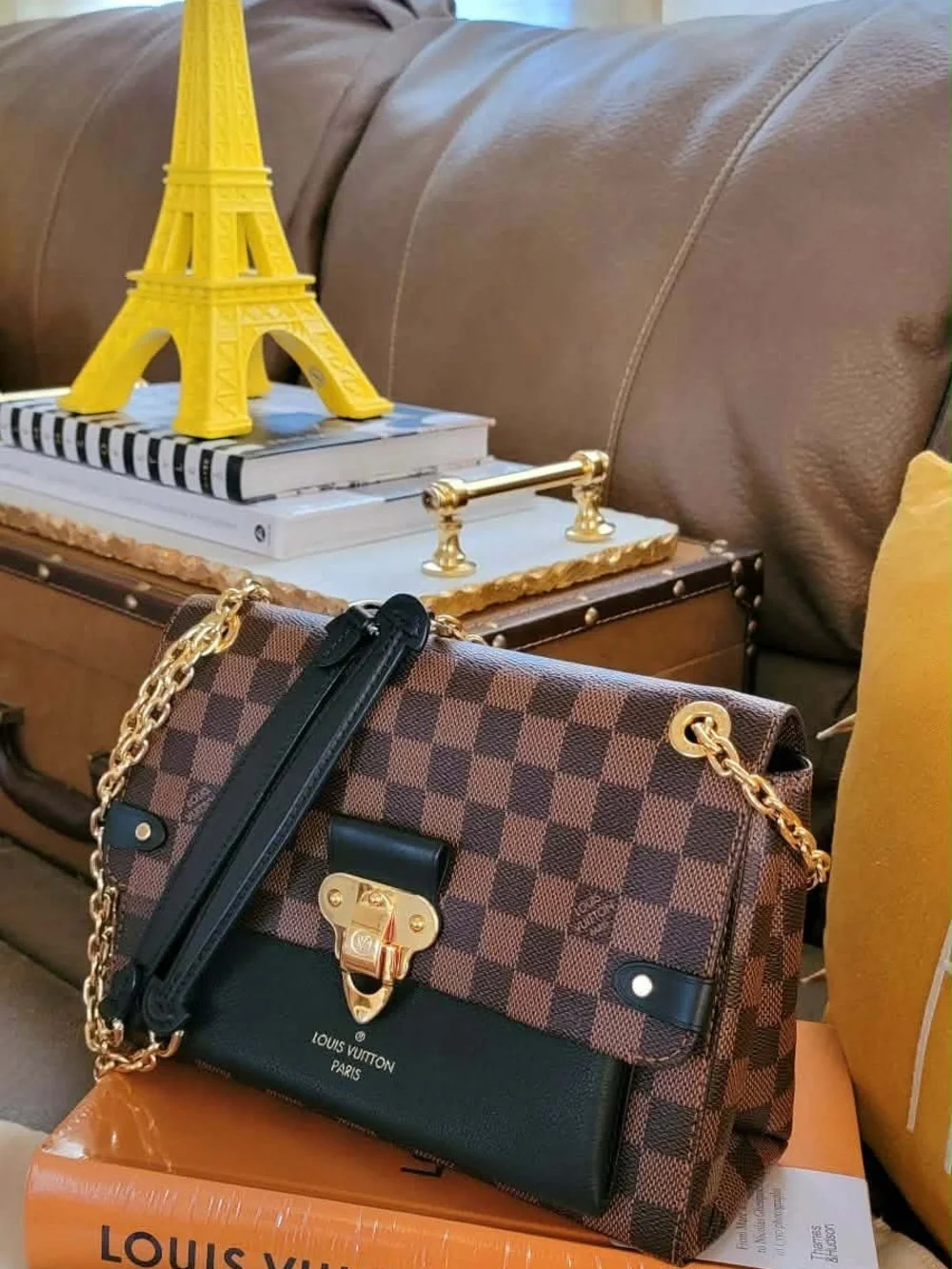 Louis Vuitton Brown Damier Ébène Shoulder Bag with Gold Hardware